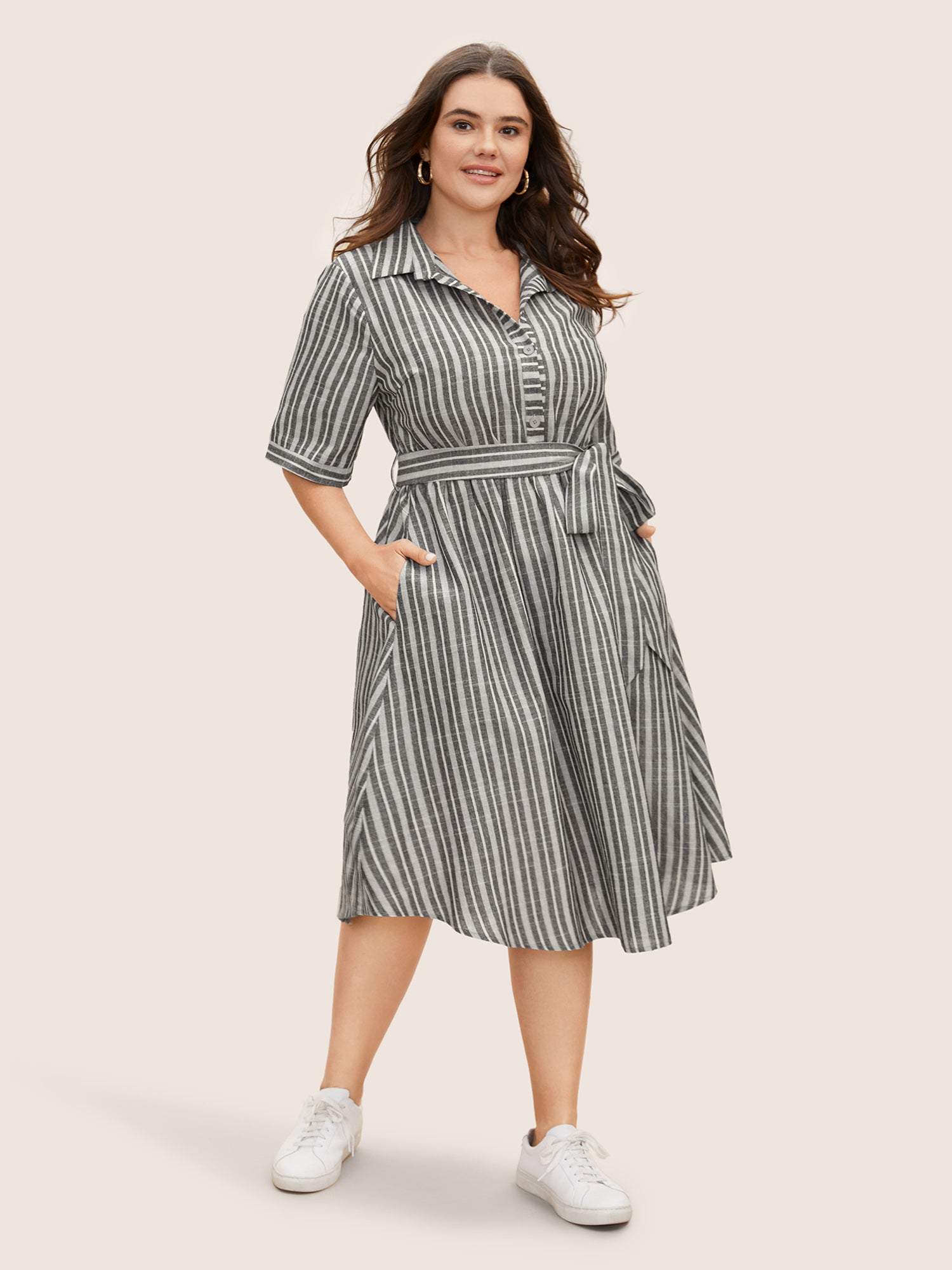 Shirt Collar Striped Button Up Belted Dress