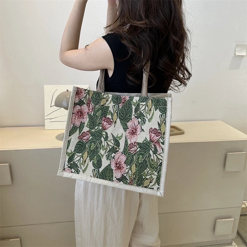 Women's Medium All Seasons Canvas Flower Streetwear Square Magnetic Buckle Tote Bag