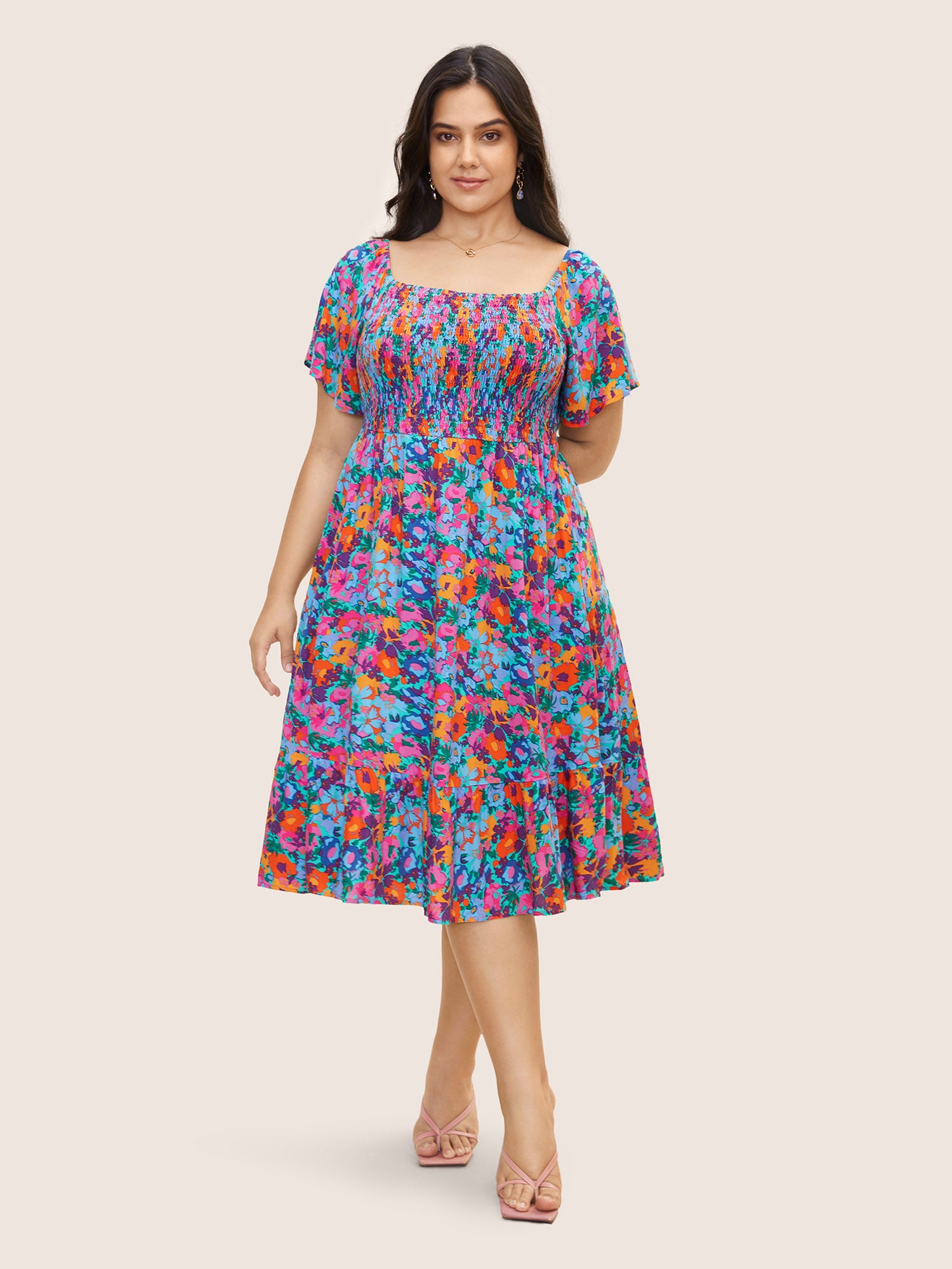 Colored Floral Elastic Waist Shirred Midi Dress