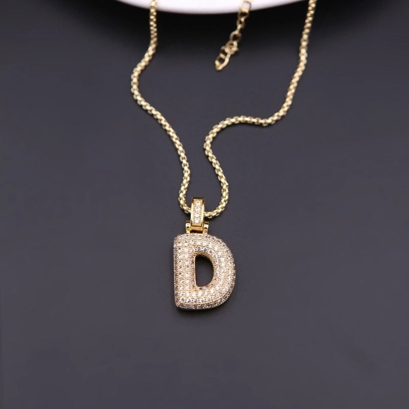 Copper Minimalist Shiny Plating Hollow Out Inlay Letter Zircon Pendant Necklace