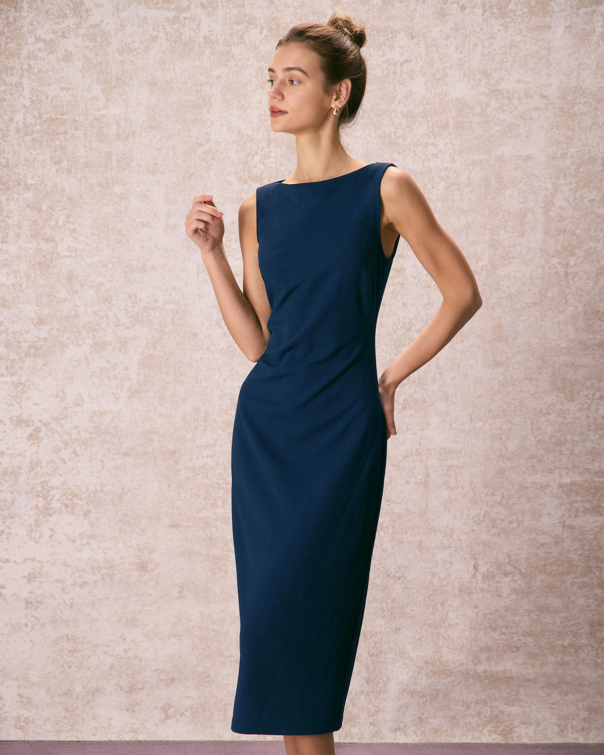 The Navy Boat Neck Ruched Midi Dress