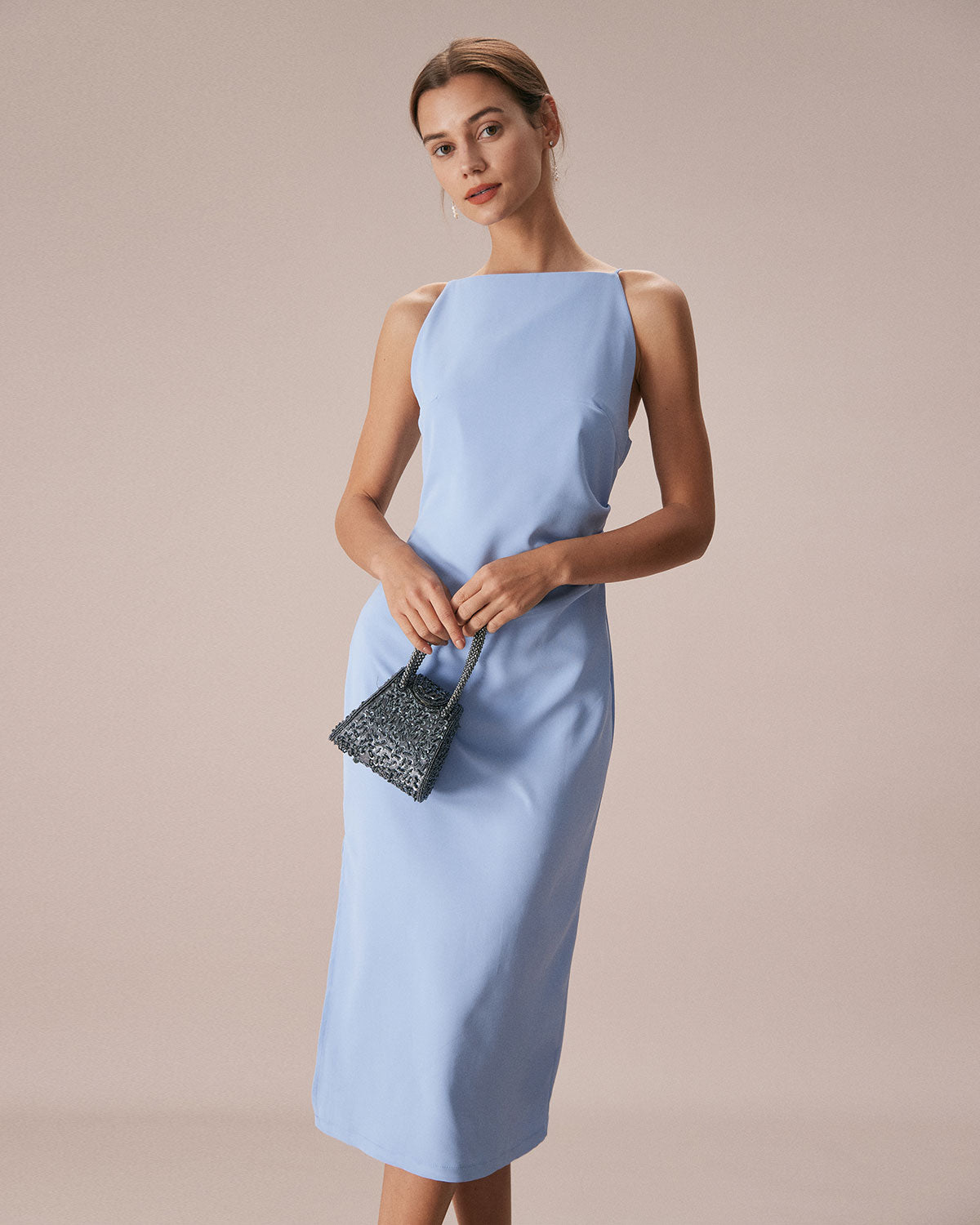 The Blue Boat Neck Bodycon Strap Midi Dress