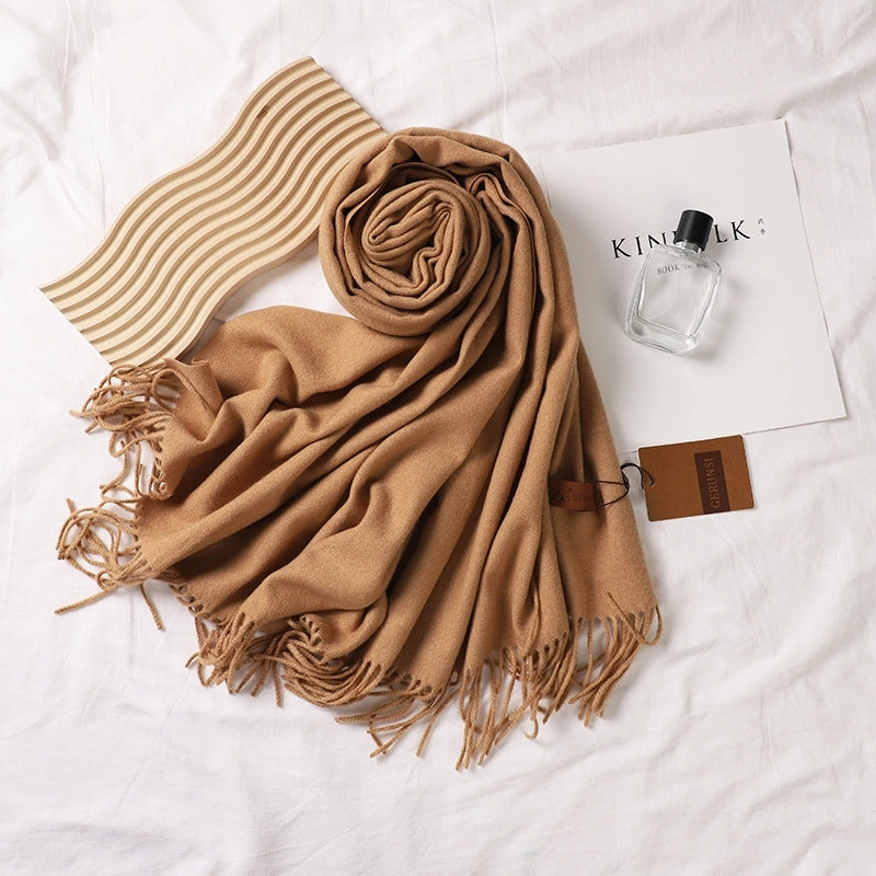 Solid Color Prickly Wool Scarf Women's 300g Ge Run Si Imitation Cashmere Thickened Scarf Japanese Style Plain Scarf For Autumn And Winter