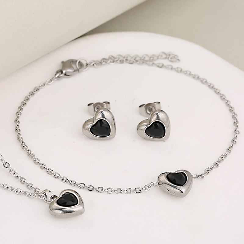Classic Style Heart Shape 304 Stainless Steel Rhinestones Inlay Jewelry Set