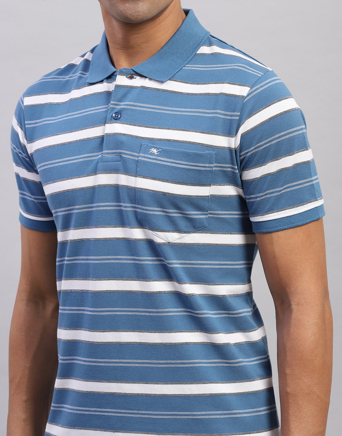 Men Blue Stripe Polo Collar Half Sleeve T-Shirt