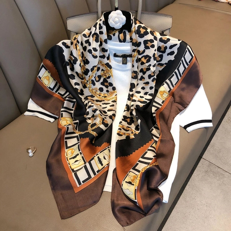 Women's IG Style Elegant Stripe Flower Chains Print Satin Printing Silk Scarf