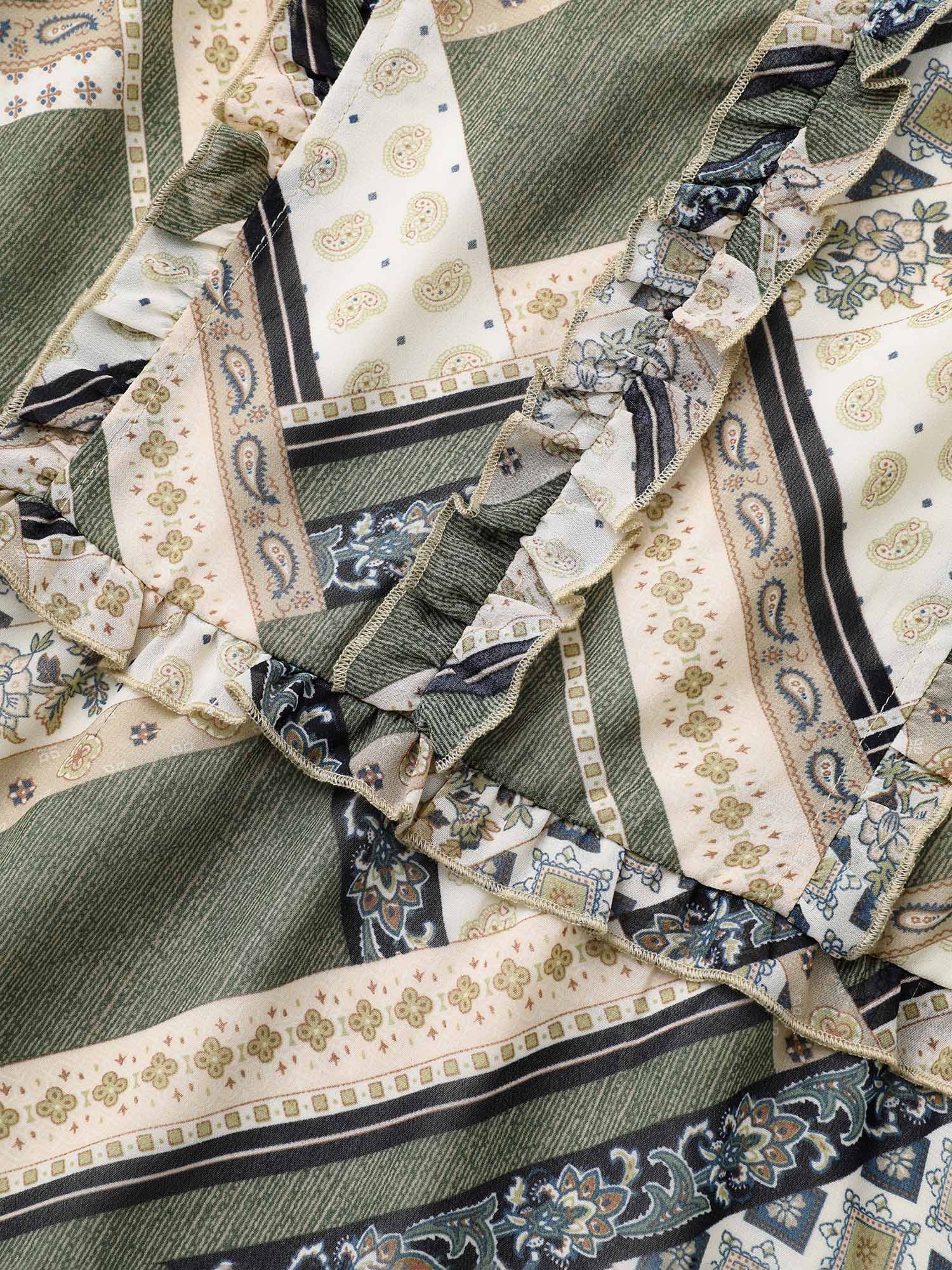 Bandana Print V Neck Ruffle Trim Blouse