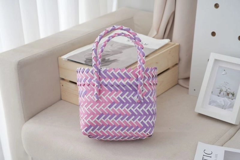 Women's Small PVC Stripe Bow Knot Cute Weave Square Open Handbag