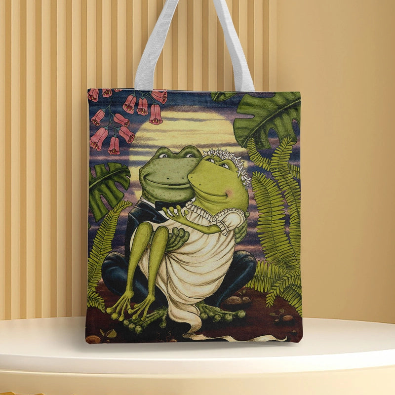Women's Canvas Cartoon Frog Basic Classic Style Square Open Canvas Bag