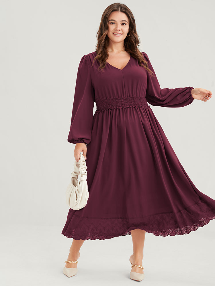 Solid Pocket Lantern Sleeve Patchwork Ruffled Shirred Dress