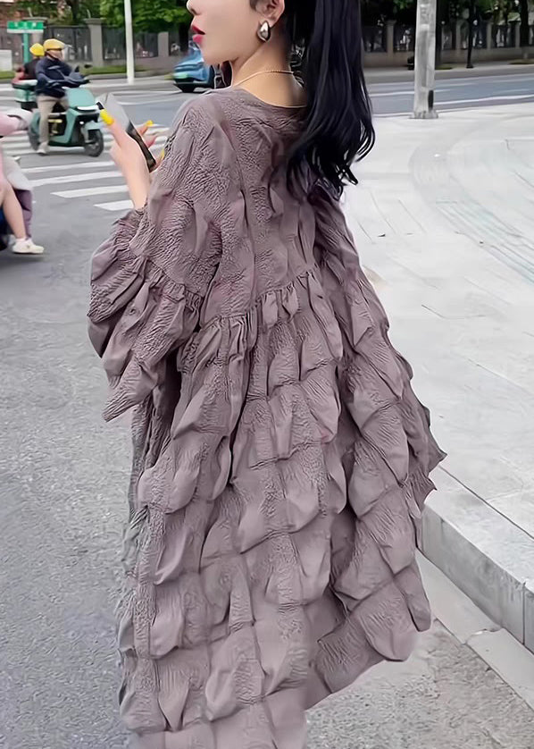 Loose Grey V Neck Original Design Cotton Dress Flare Sleeve Spring