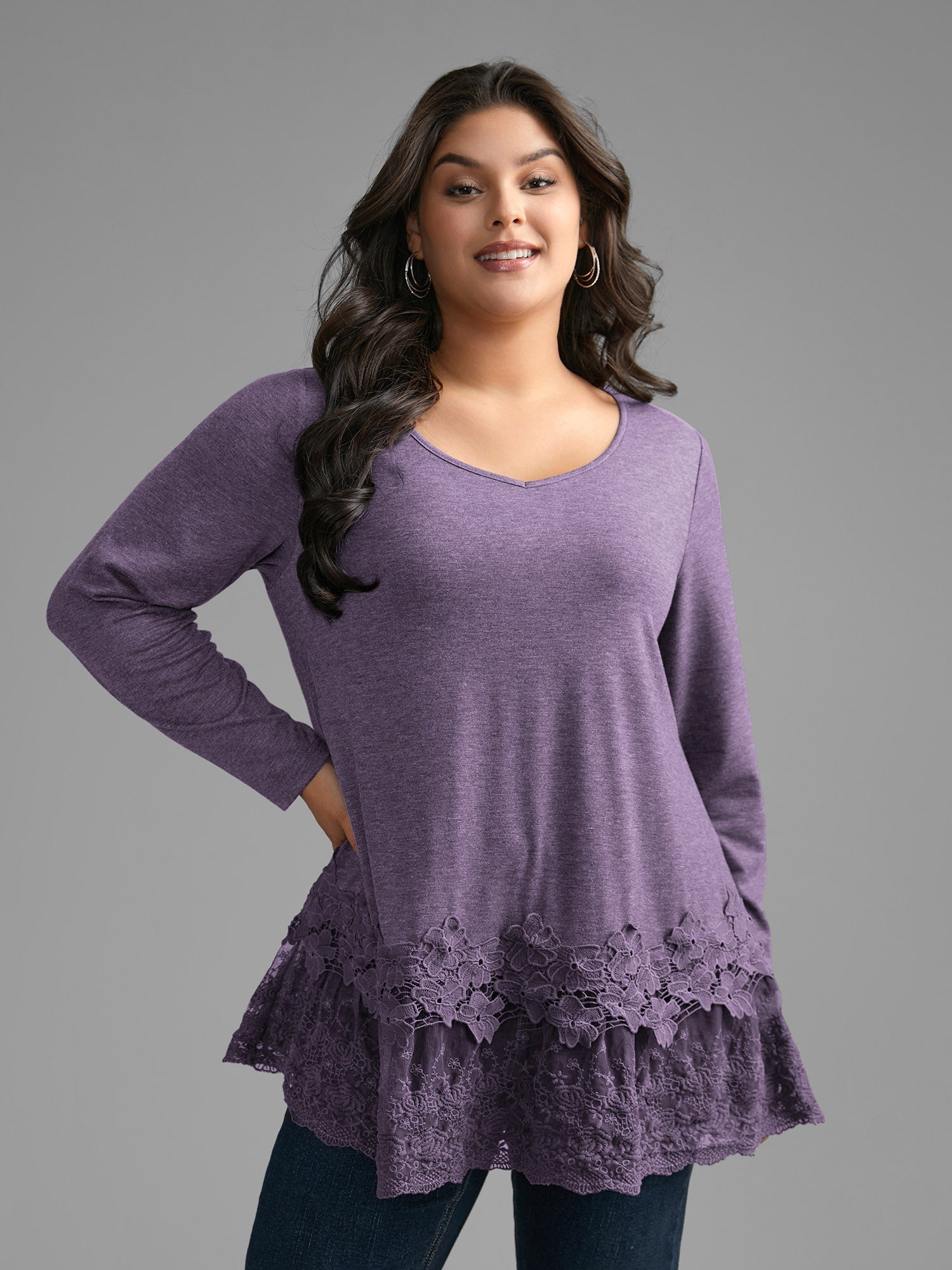 V Neck Lace Panel Jersey Top