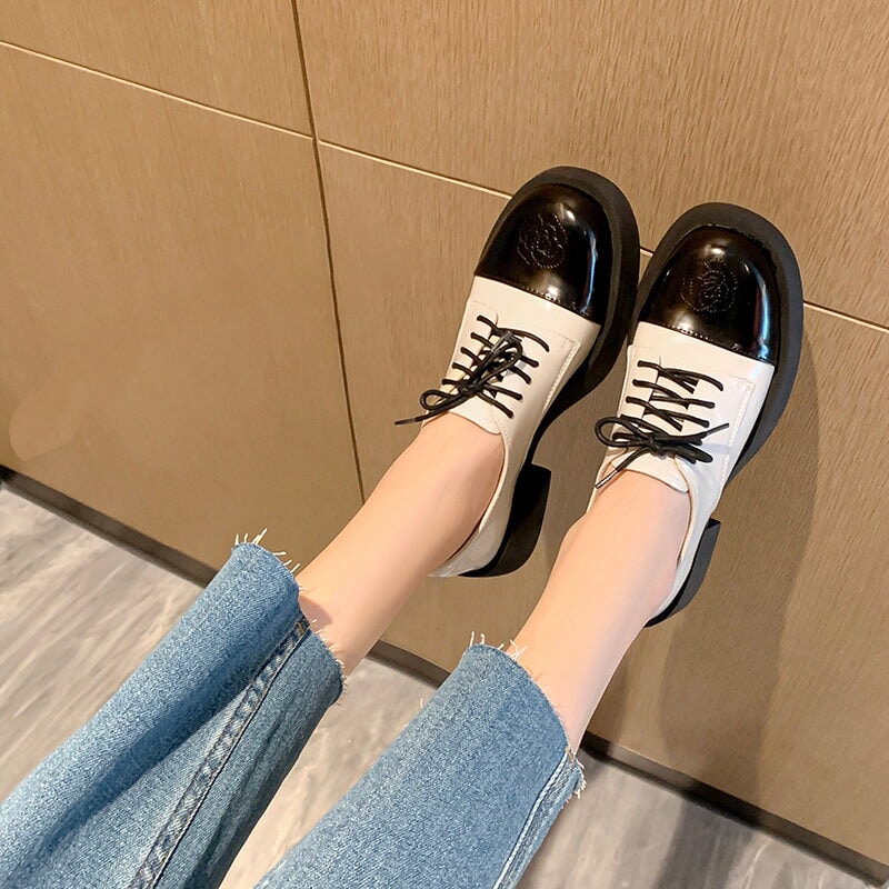 Women Round Toe Lace Up Chunky Derby Shoes Genuine Leather Contrast Color
