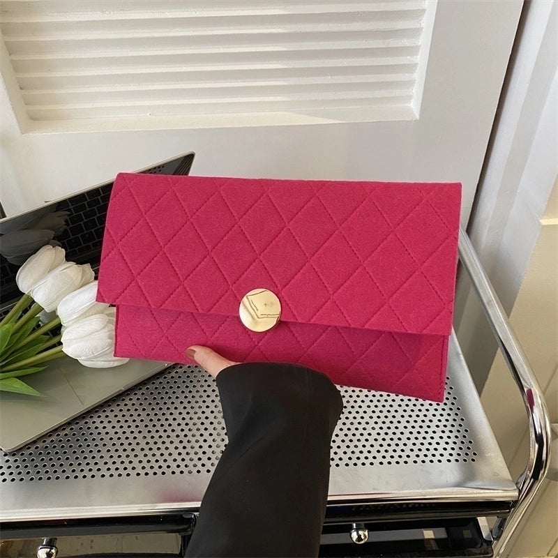 Black Rose Red Green Felt Solid Color Lingge Metal Button Square Evening Bags