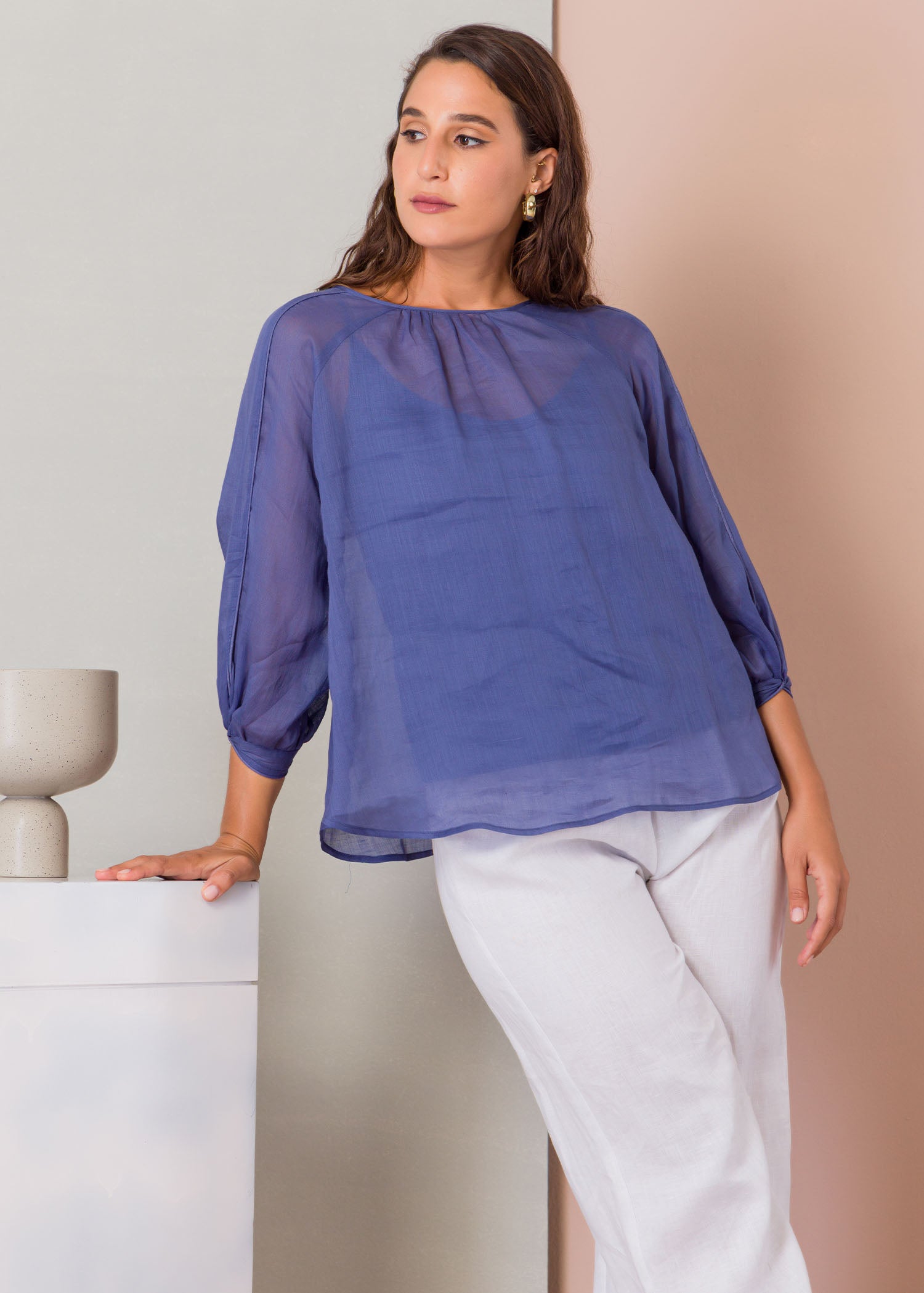 Ragalan sleeve blouse with piping detail