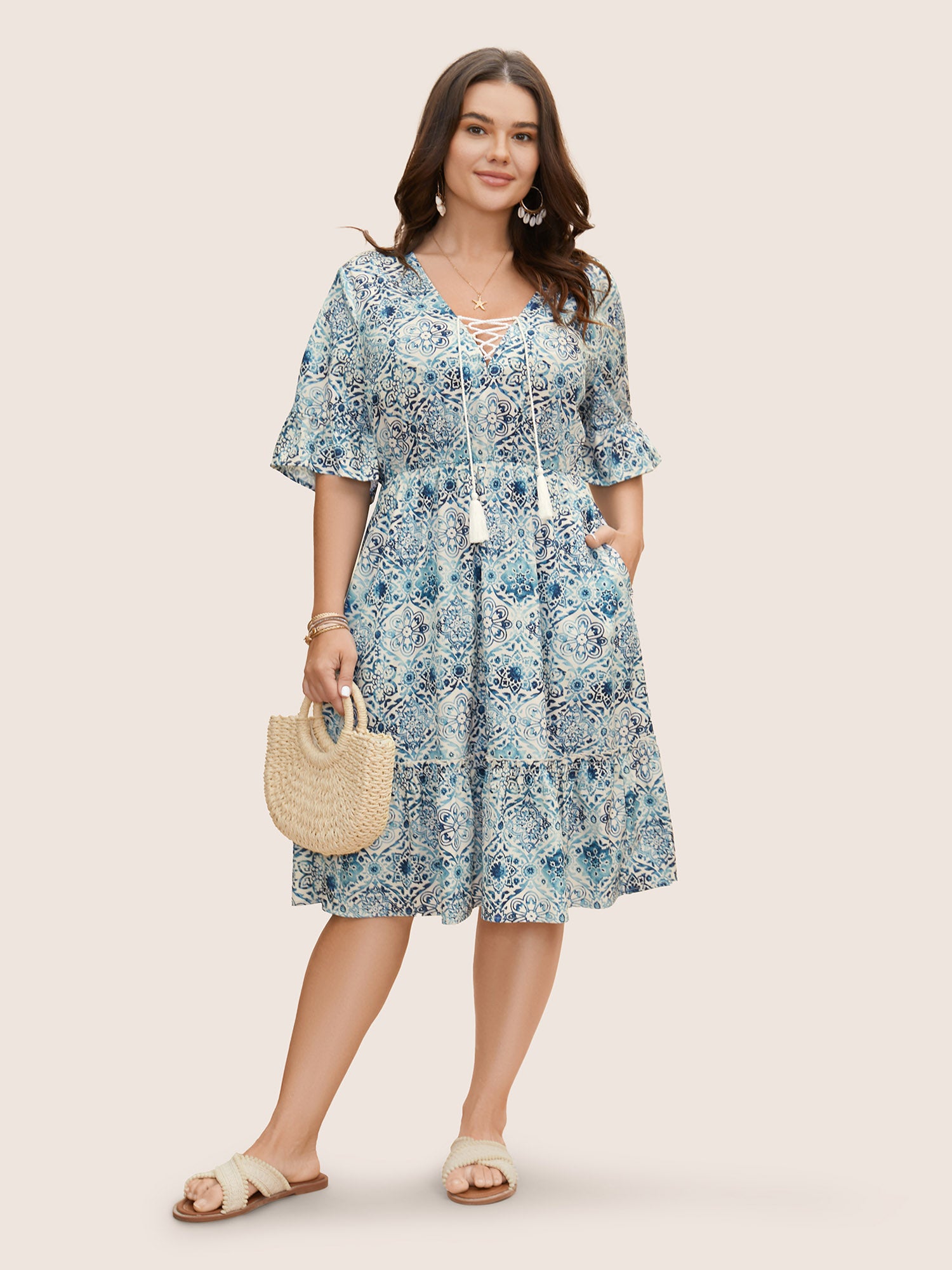Boho Print Tassels Trim Flutter Sleeve Dress