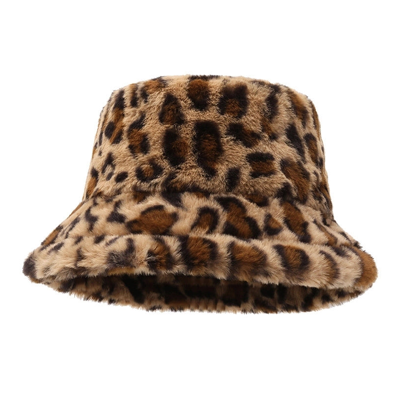 Hat Women's Winter Face-looking Leopard Print Fisherman Hat Women's Warm Basin Hat Plush Bucket Hat