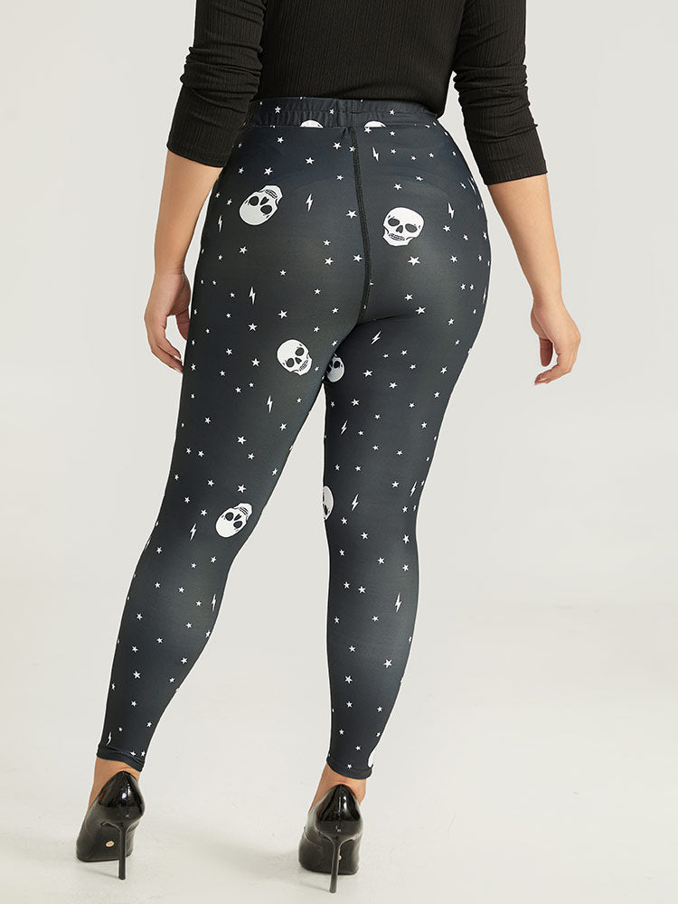 Halloween Skull & Star Print Elastic Waist Leggings