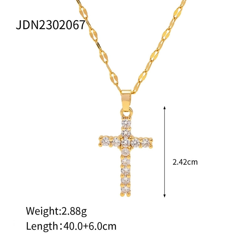 Minimalist Classic Style Cross 304 Stainless Steel Natural Stone Rhinestones Zircon 18K Gold Plated Pendant Necklace