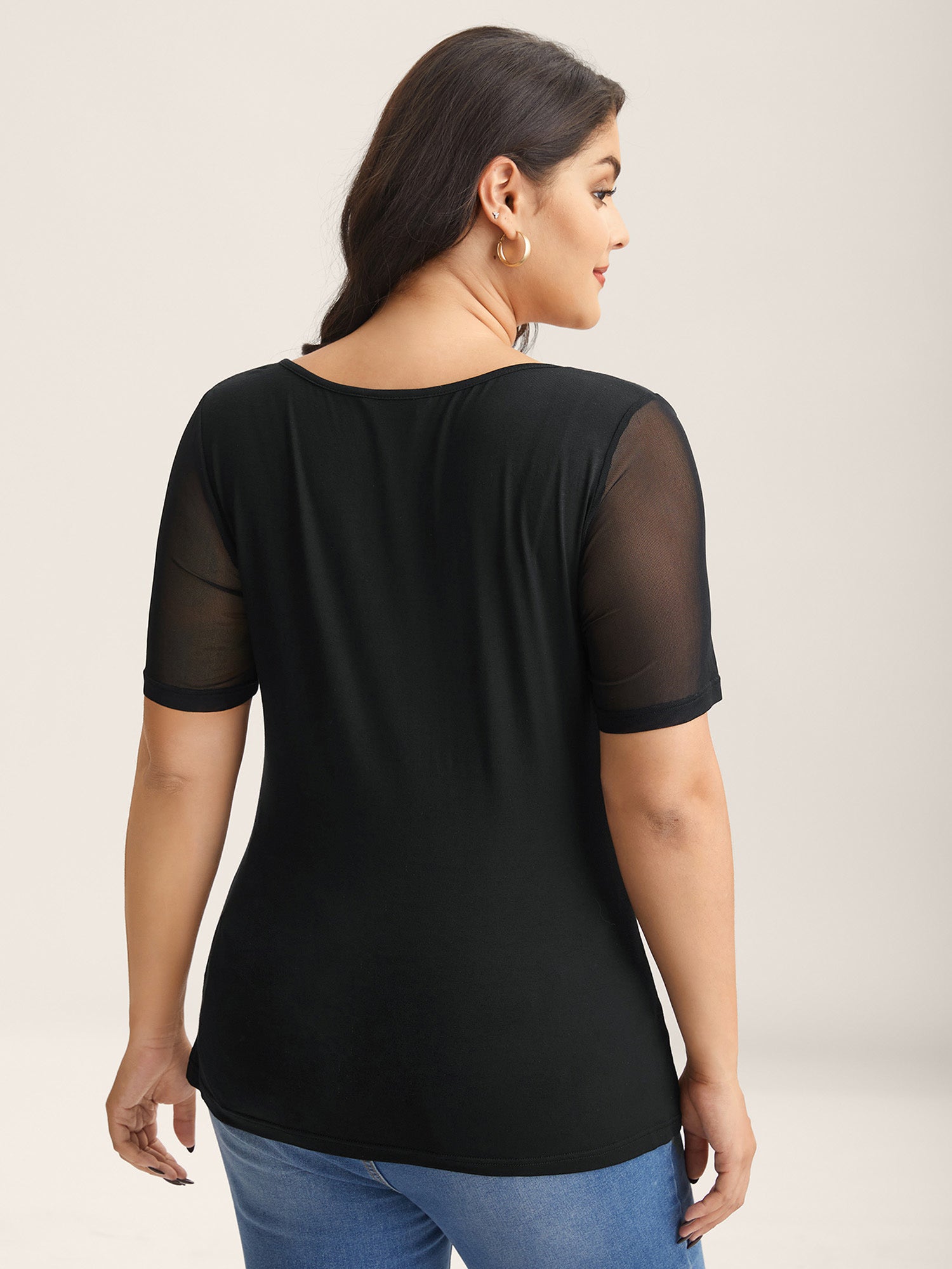 Sheer Sleeve Fitted Sweetheart Plain Top