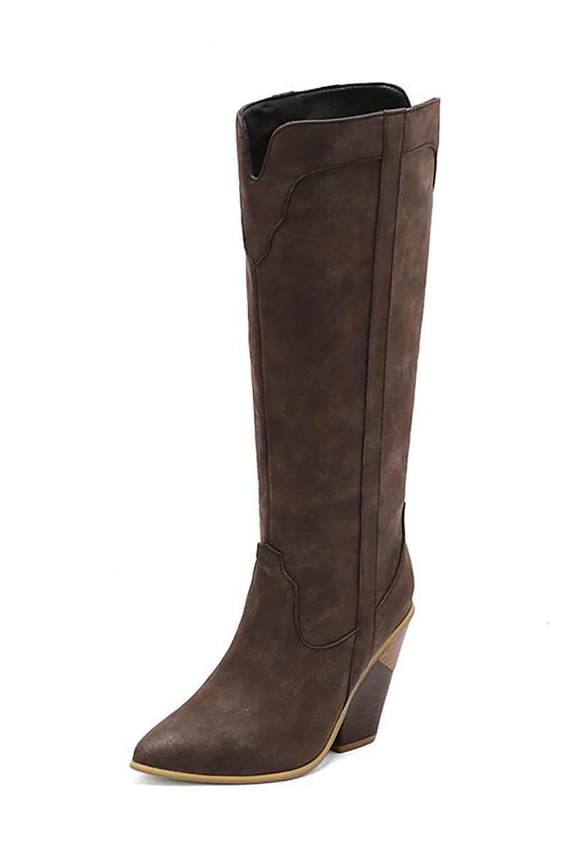 Stitching V Groove Pointy Toe Western Knee High Chunky Boots