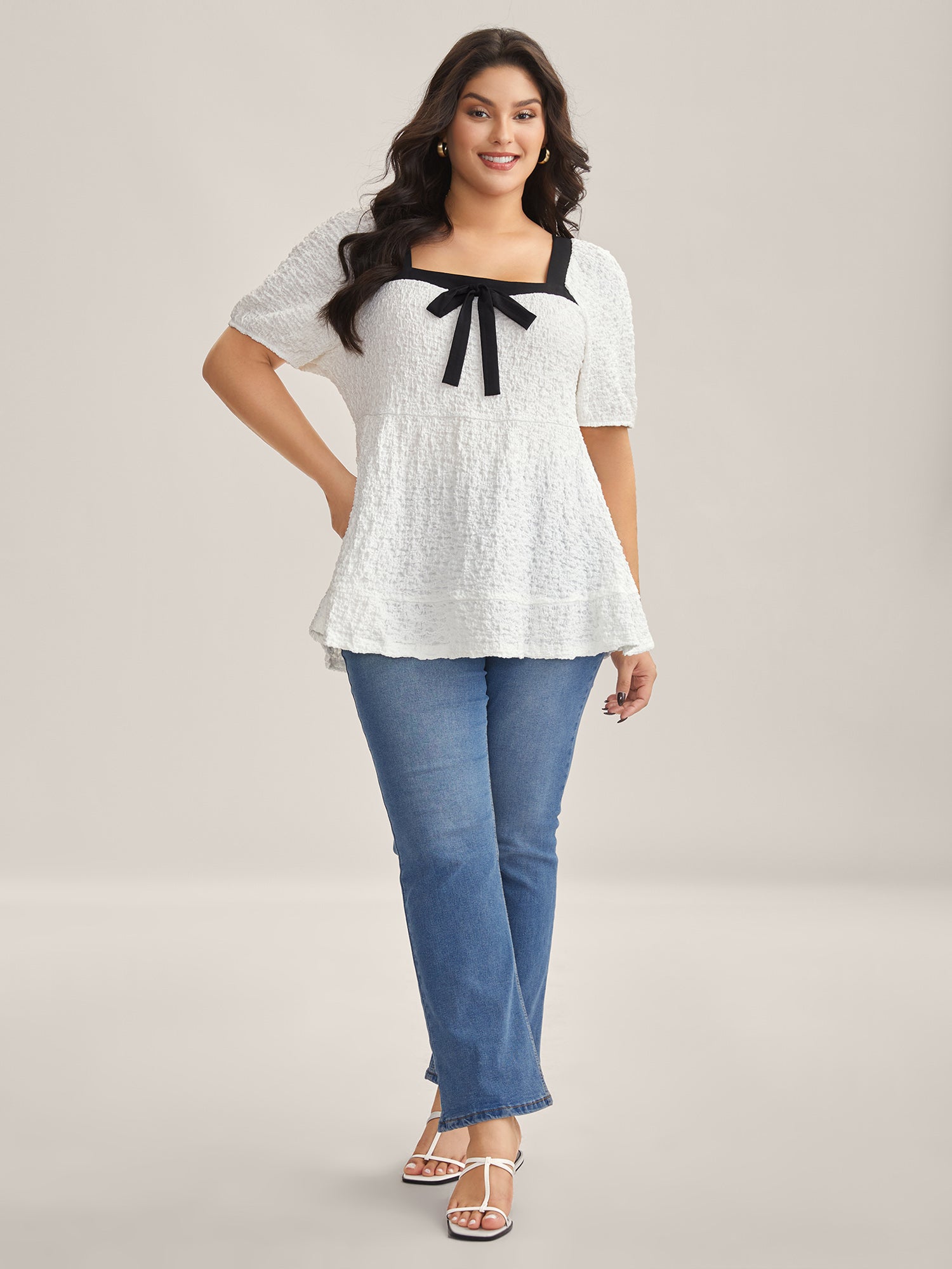 Textured Bow-Tie Color Contrast Top