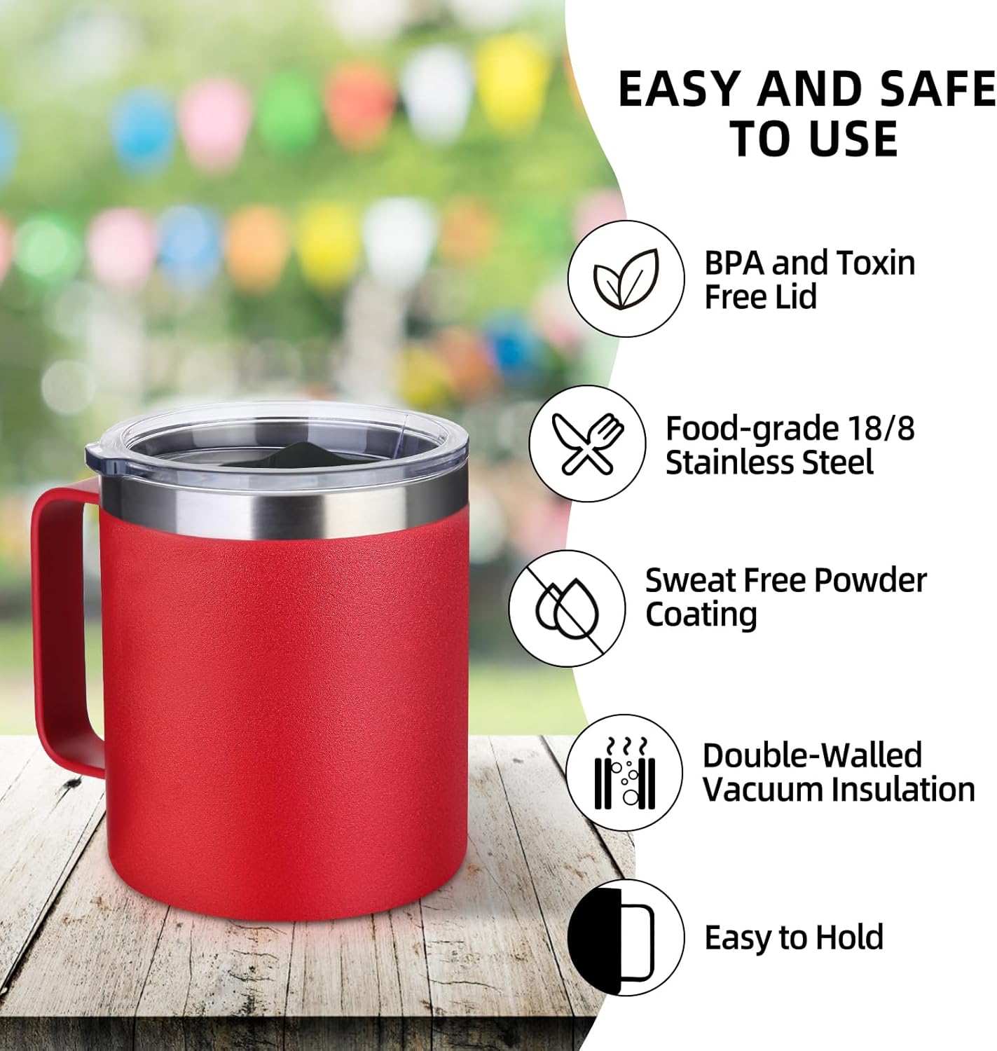 Volhoply 14oz Insulated Stainless Steel Coffee Mug with Leakproof Lid,Double Wall Vacuum Travel Coffee Cup with Handle,Reusable Metal Tumbler,Camping Mugs Keep Hot/Cold,Christmas Gifts(Black,1