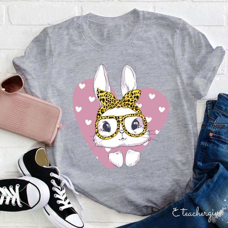 Bunny Face Leopard Glasses Poping Out Of A Heart Teacher T-Shirt