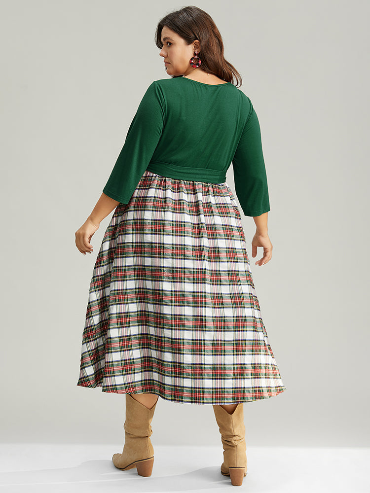 Christmas Plaid Patchwork Ruched Belted Dress