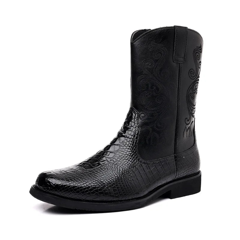Men's British Style Embroidered Mid-Calf Riding Boots - Leather Look
