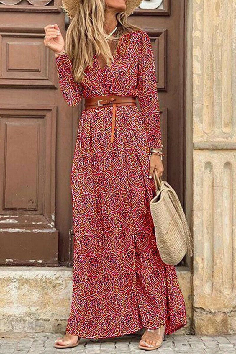 Fashion Bohemian Print With Belt V Neck Cake Skirt Dresses(3 Colors)