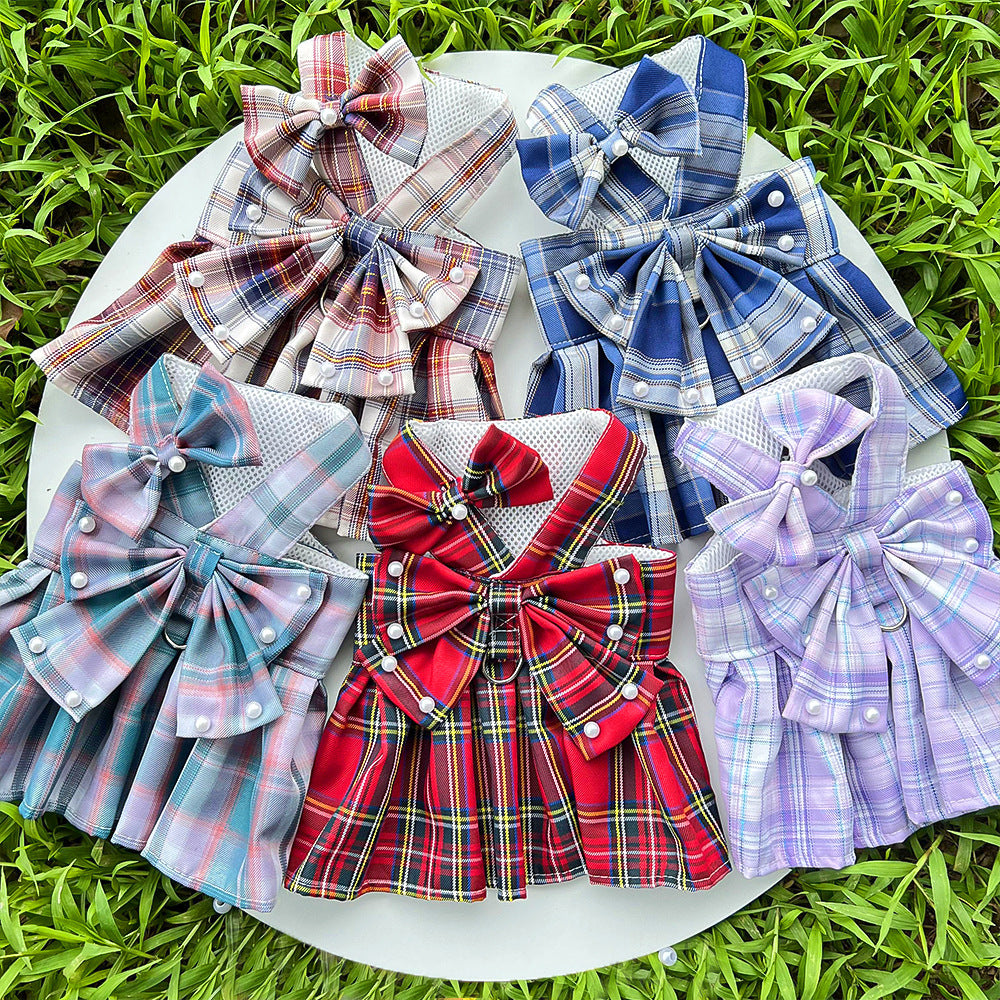 Pearl Decor Plaid Dog Harness Dress&Leash