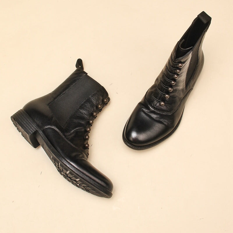 Ankle Boots Women Calfskin Round Toe Side Zip Lace-Up Retro Winter Ladies Motorcycle Shoes Handmade