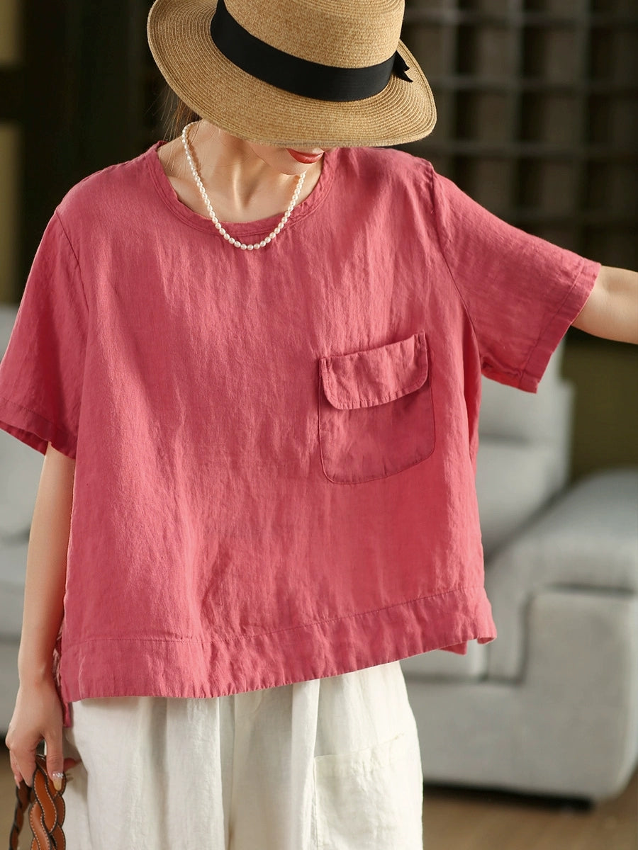 Women Summer Artsy Pure Color 100%Linen O-Neck Shirt