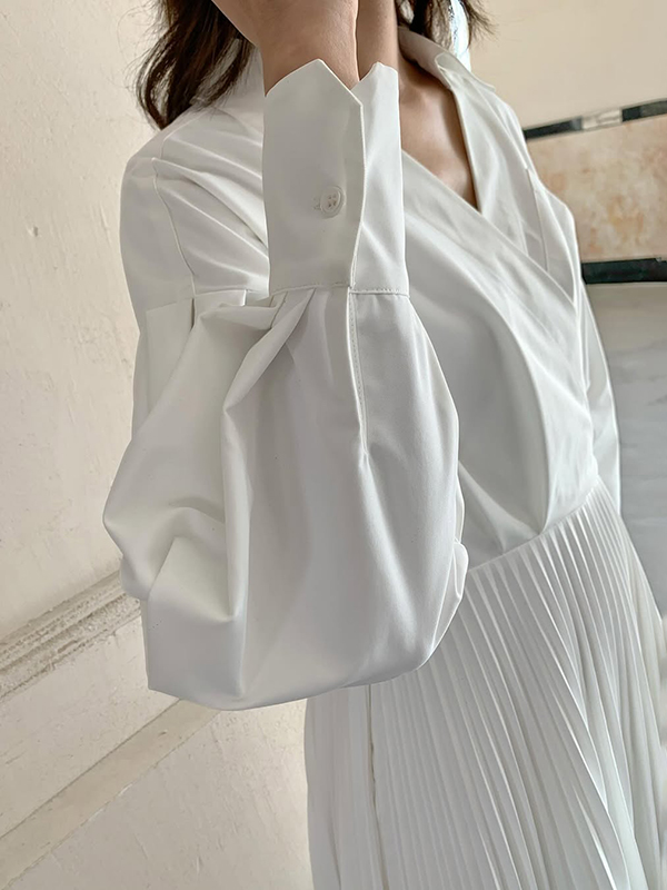 A-Line Long Sleeves Pleated Solid Color V-Neck Maxi Dresses