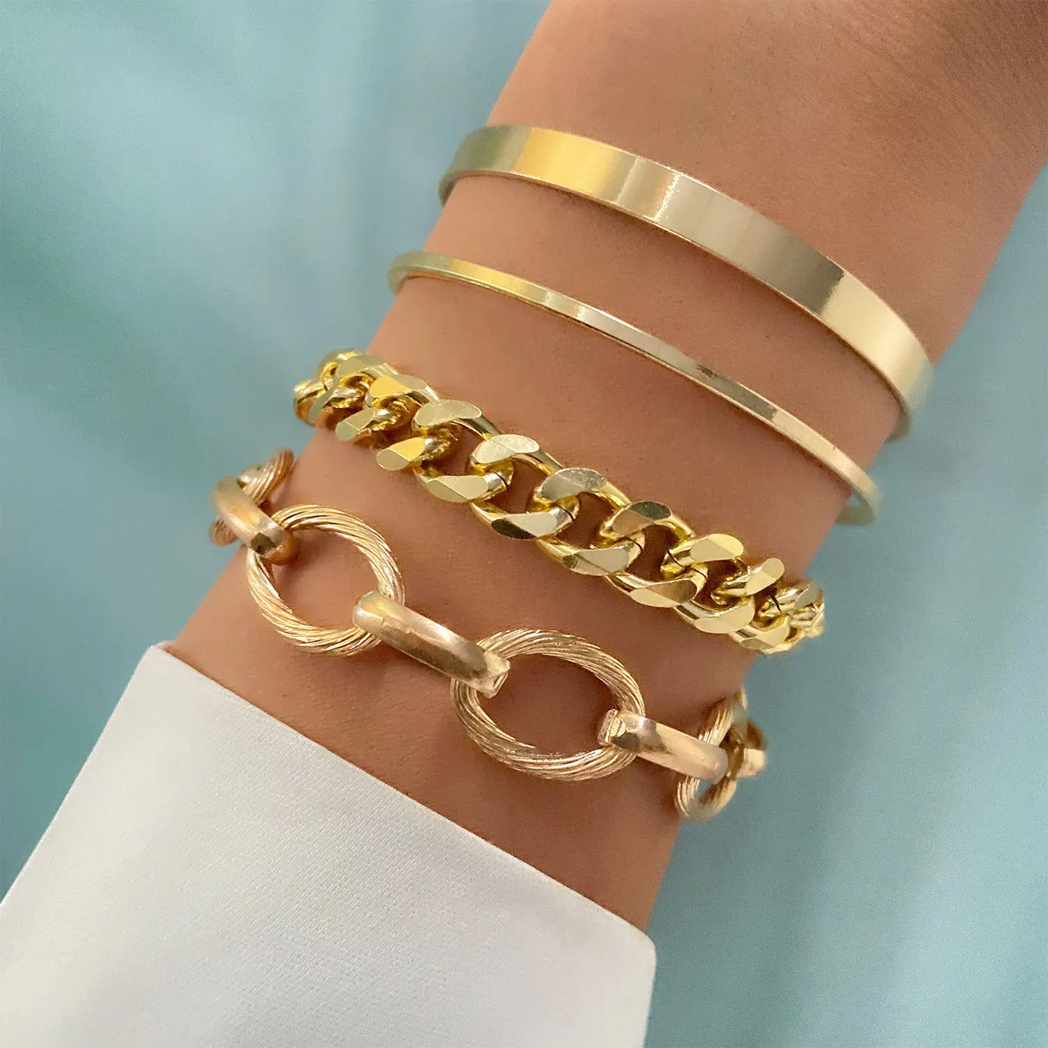 4Pcs Punk Heavy Metal Big Thick Chain Bracelet Set Retro Geometric Metal Twist Chain Bangles Bracelet For Women Fashion Jewelry