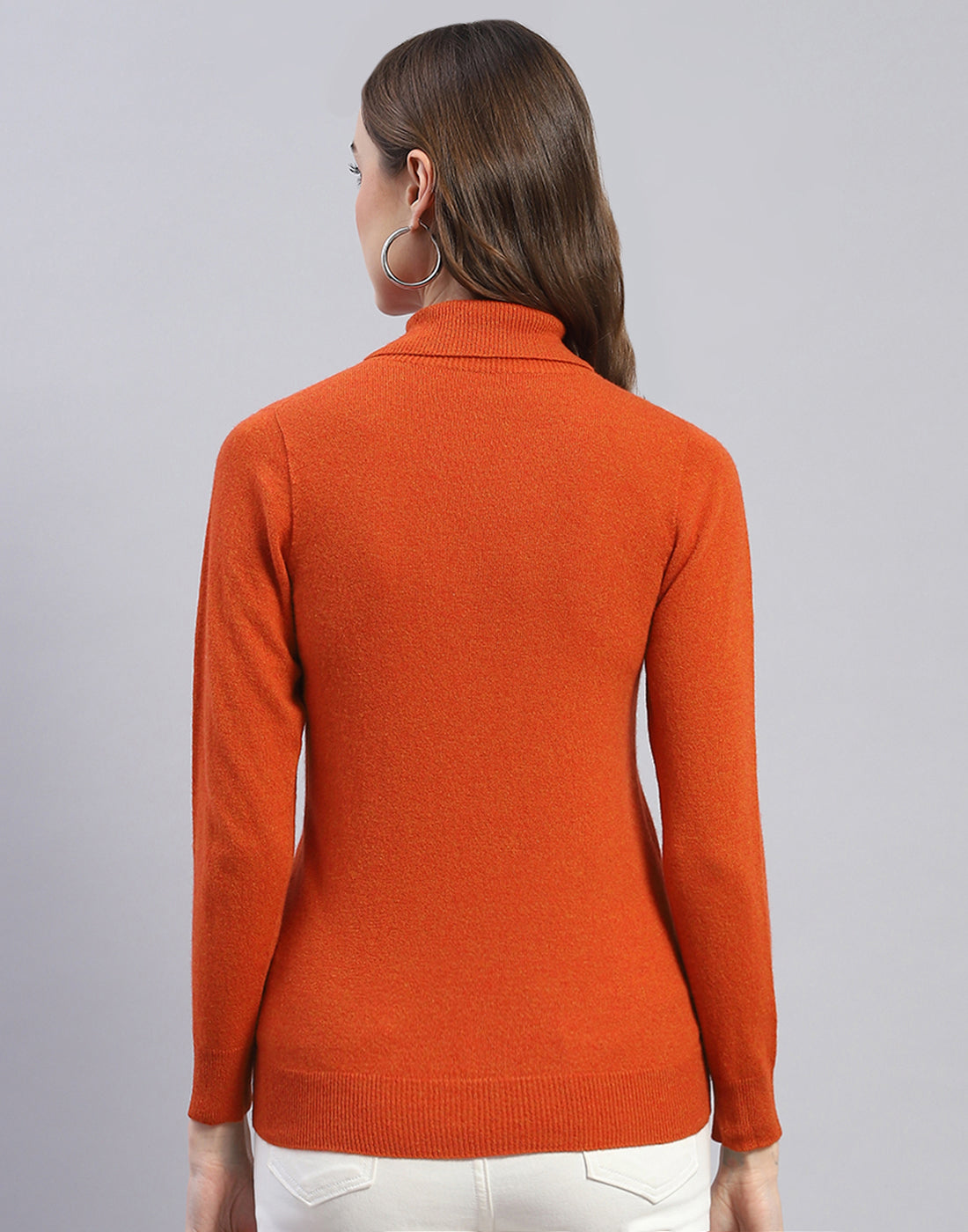 Women Rust Solid H Neck Full Sleeve Sweater