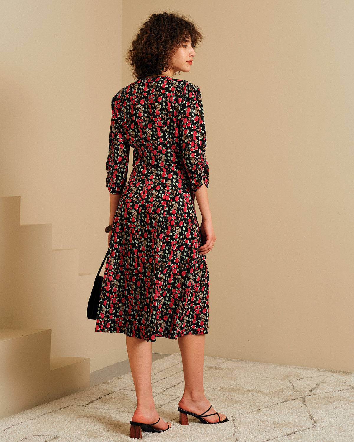 The V Neck Button Floral Midi Dress