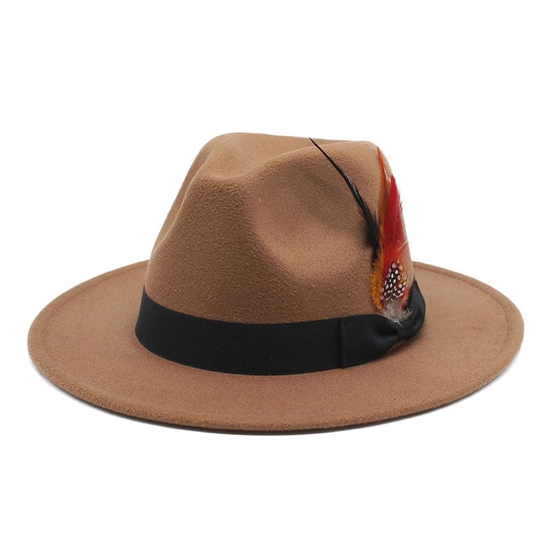 Bow Feather Top Hat Autumn And Winter Big Brim Hat Fashionable Men's And Women's Cashmere Felt Hat Style New Hats