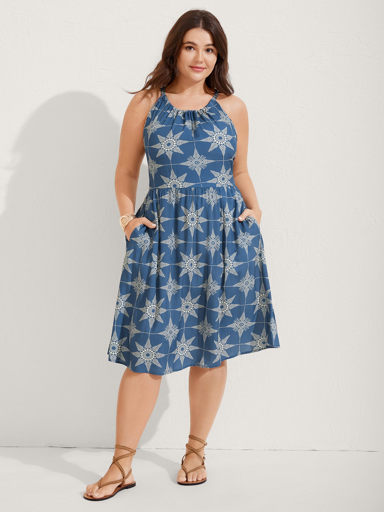 Starry Print Sleeveless Pockets Midi Dress