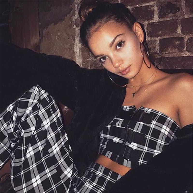 Plaid Two Piece Tube Top Trouser Set