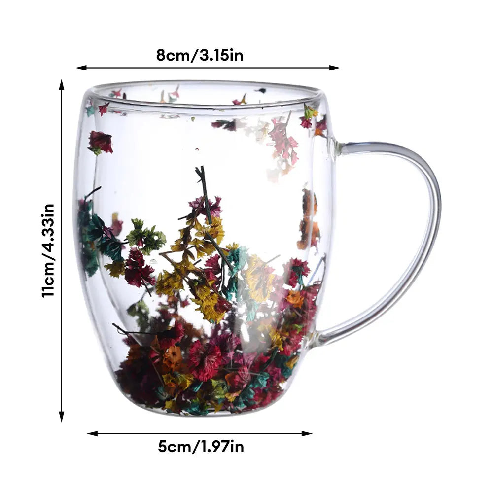 DRIED FLOWER DOUBLE WALL GLASS MUG - 350ML