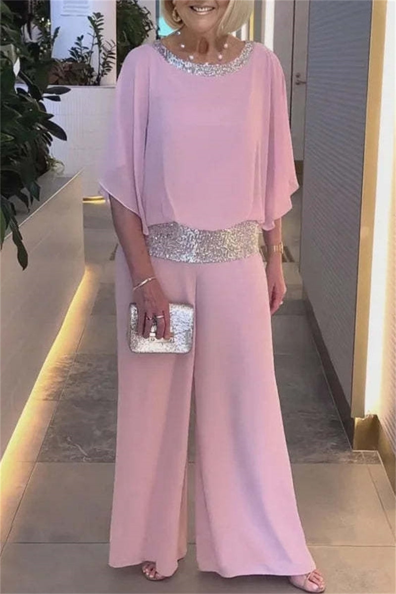 Casual Solid Color Sequins Patchwork O Neck Half Sleeve Two Pieces