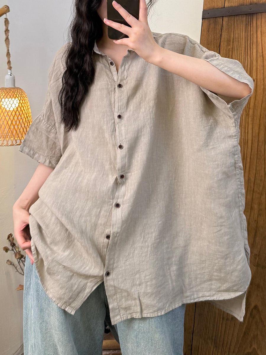 Women Summer Retro Pure Color Turn-down Collar Linen Shirt