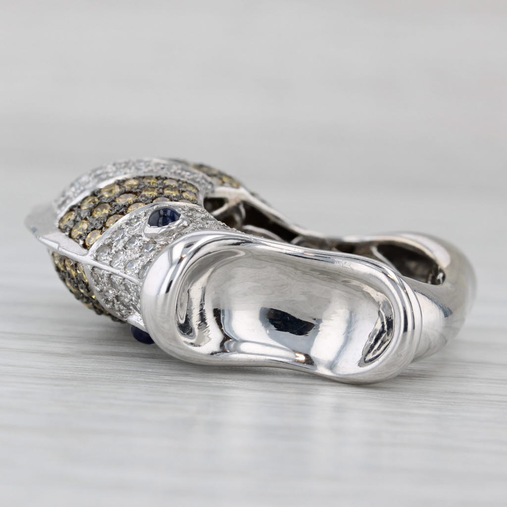 2.44ctw Yellow White Diamond Sapphire Fish Ring 18k White Gold Size 7.75