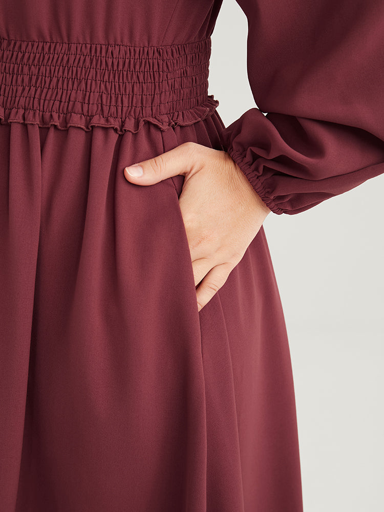 Solid Pocket Lantern Sleeve Patchwork Ruffled Shirred Dress
