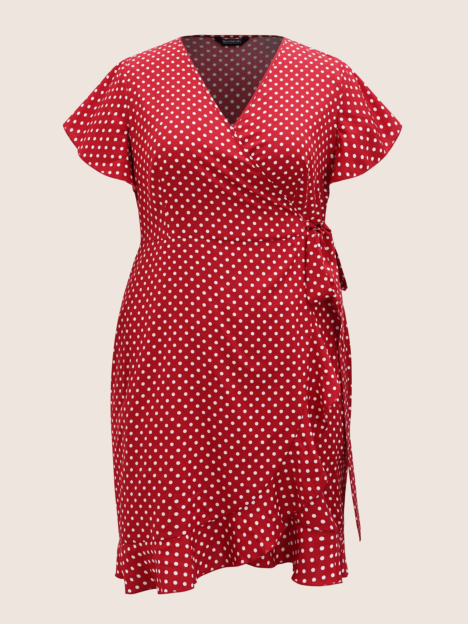 Polka Dot Wrap Ruffle Sleeve Tie Knot Dress