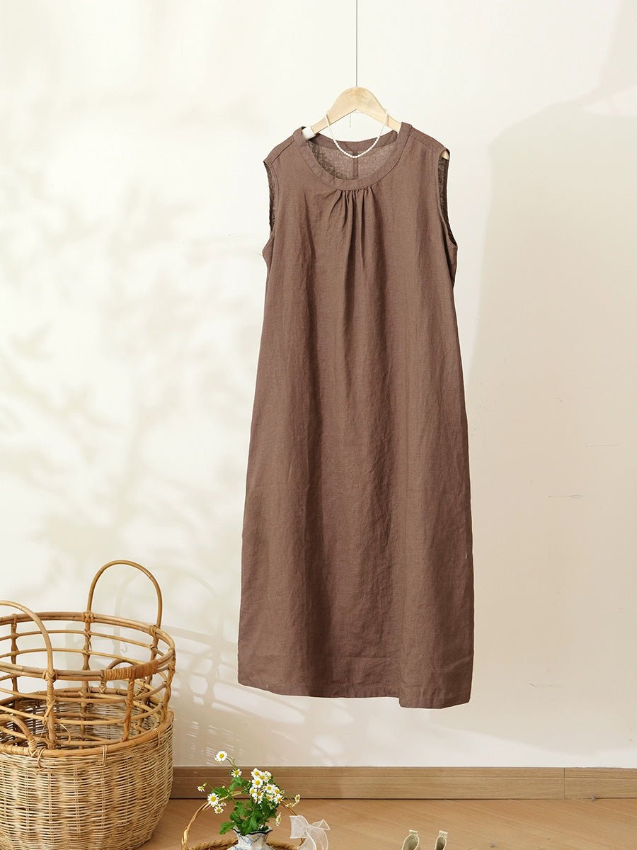 Women Summer Casual Pure Color 100%Linen Vest Dress