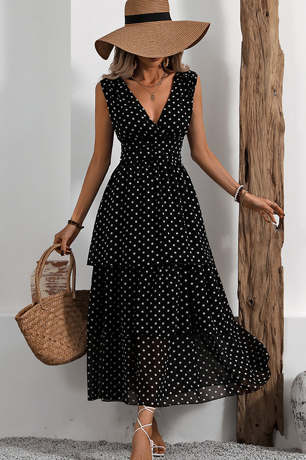 Fashion Polka Dots Print V Neck Maxi Dress