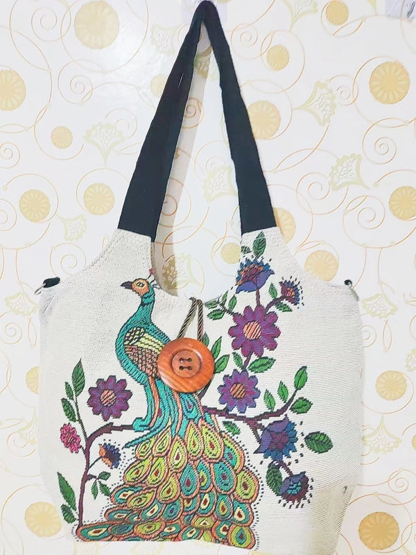 Women's Large Canvas Elephant Ethnic Style Square Zipper Shoulder Bag